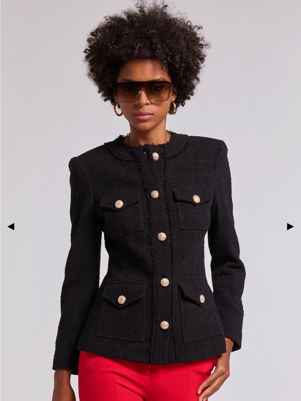 Generation Love Black Tweed Military-Style Blazer with Gold Buttons